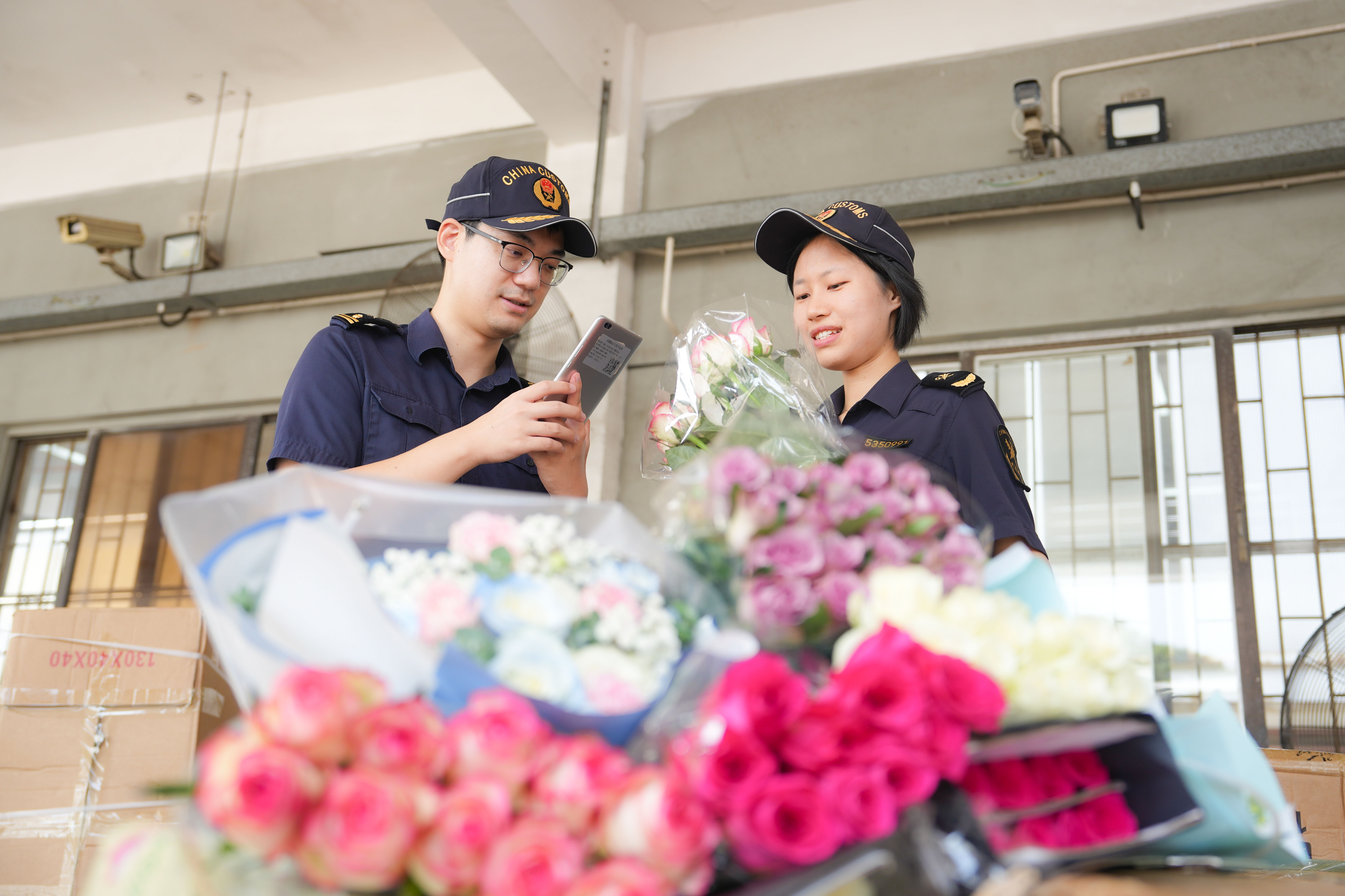 在深圳文锦渡口岸,关员对供港鲜花开展查验.jpg